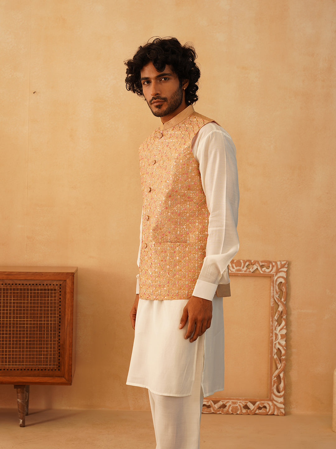 Embroidered Nehru Jacket With Solid Kurta Pyjama Set ( JOKPWC 592W 4104Brown )
