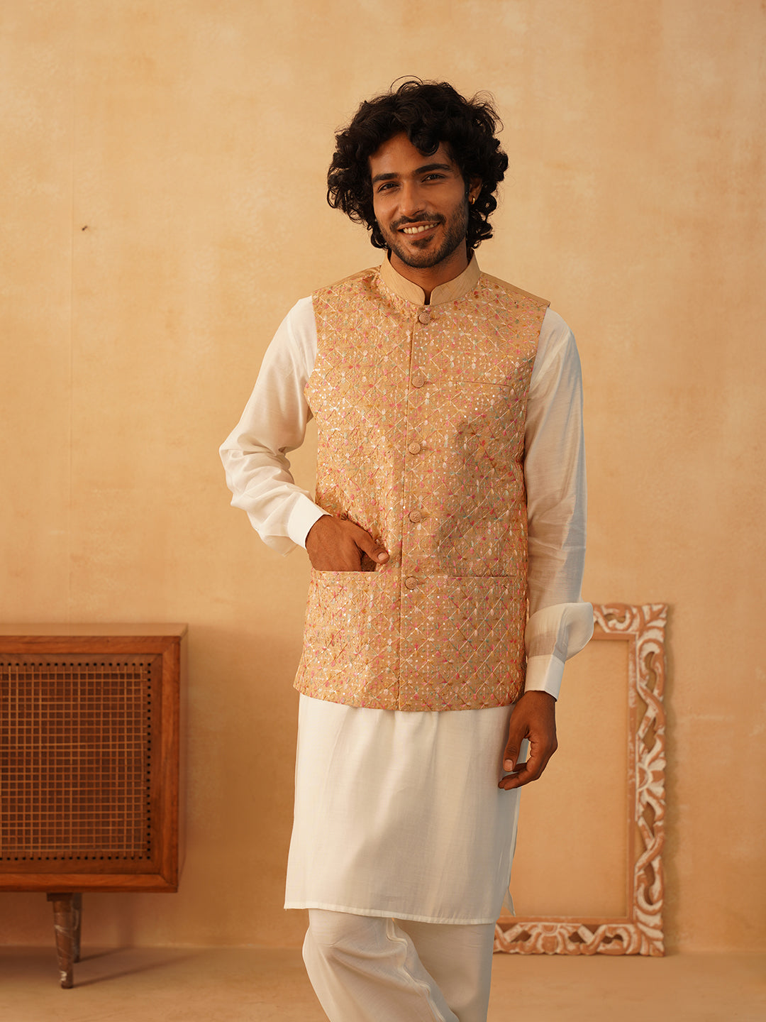 Embroidered Nehru Jacket With Solid Kurta Pyjama Set ( JOKPWC 592W 4104Brown )