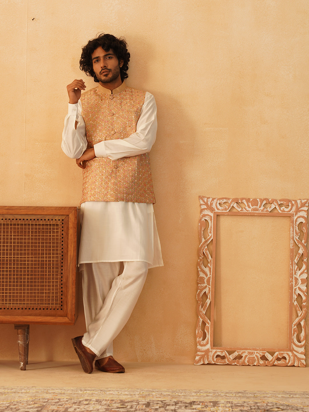 Embroidered Nehru Jacket With Solid Kurta Pyjama Set ( JOKPWC 592W 4104Brown )