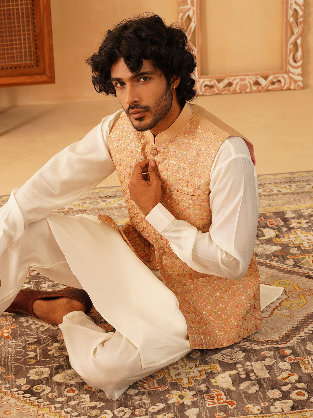 Embroidered Nehru Jacket With Solid Kurta Pyjama Set ( JOKPWC 592W 4104Brown )