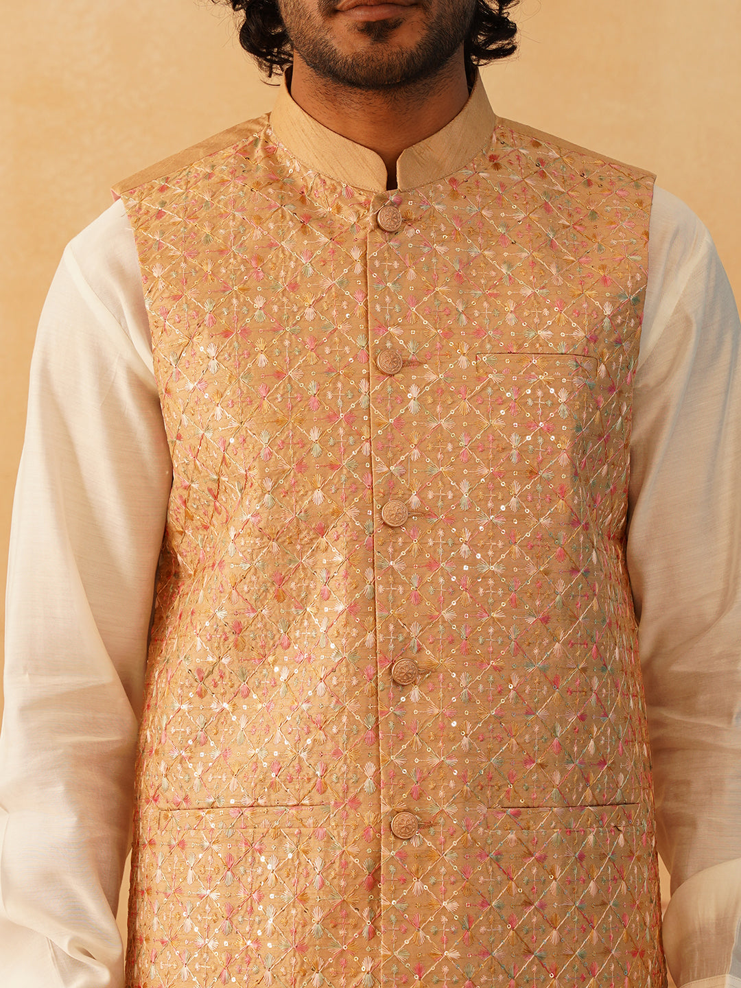 Embroidered Nehru Jacket With Solid Kurta Pyjama Set ( JOKPWC 592W 4104Brown )