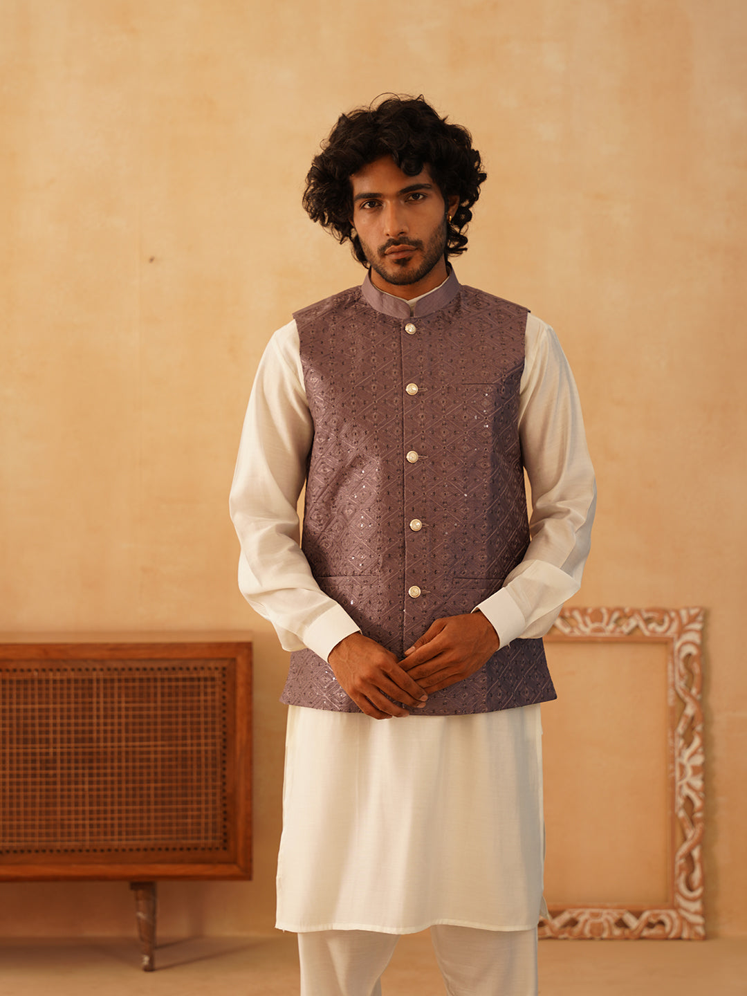 Embroidered Nehru Jacket With Solid Kurta Pyjama Set ( JOKPWC 592W 4105Purple )