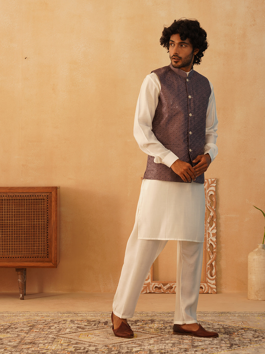 Embroidered Nehru Jacket With Solid Kurta Pyjama Set ( JOKPWC 592W 4105Purple )