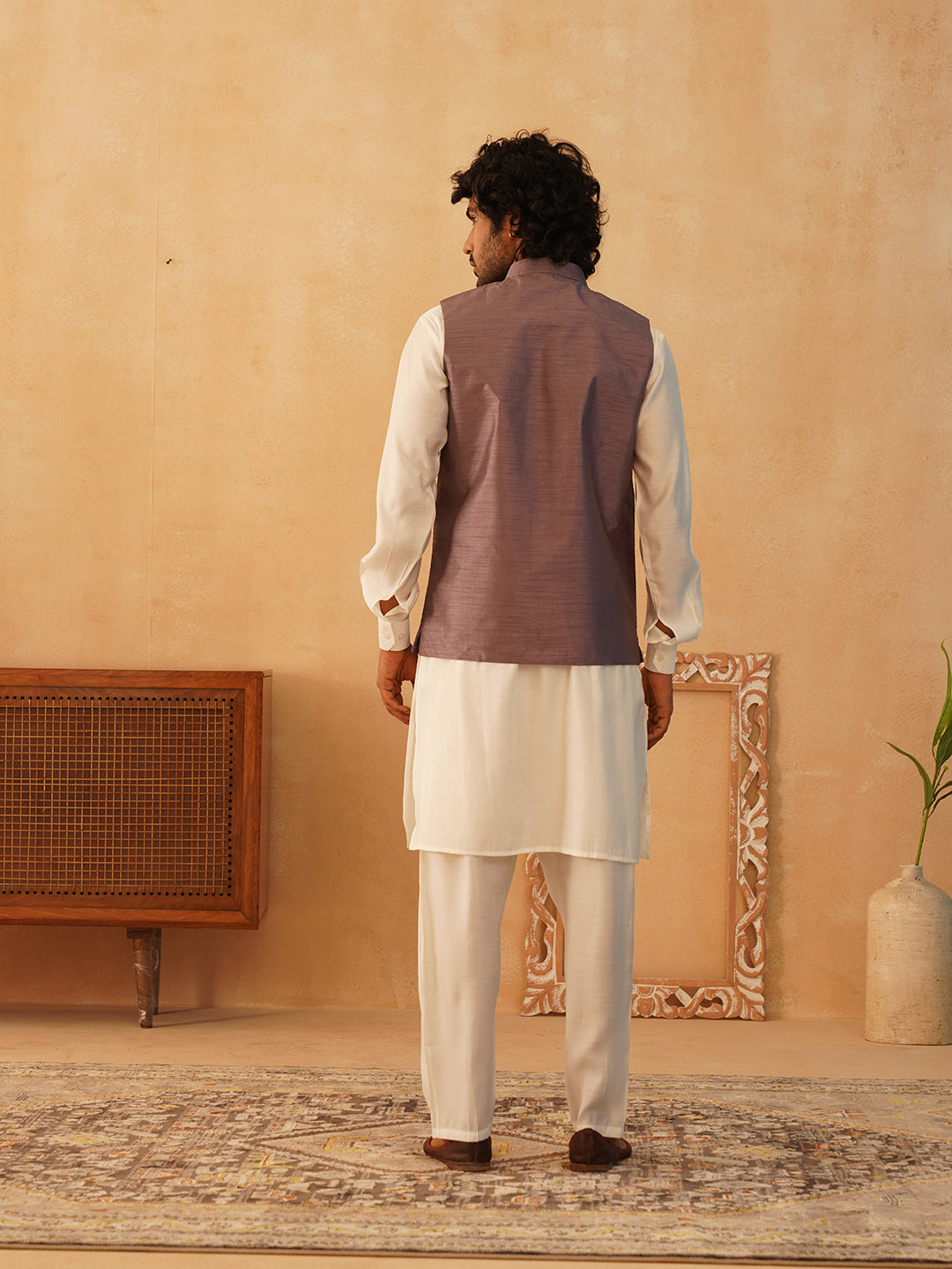 Embroidered Nehru Jacket With Solid Kurta Pyjama Set ( JOKPWC 592W 4105Purple )