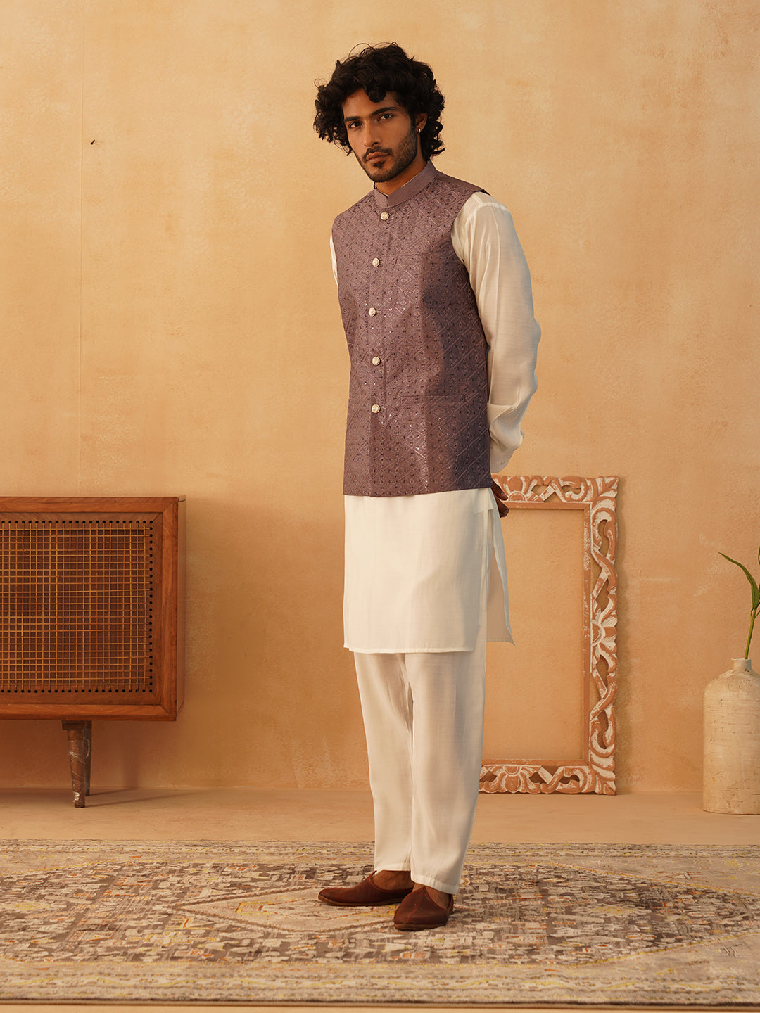 Embroidered Nehru Jacket With Solid Kurta Pyjama Set ( JOKPWC 592W 4105Purple )