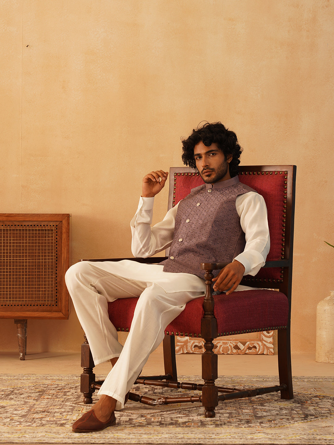 Embroidered Nehru Jacket With Solid Kurta Pyjama Set ( JOKPWC 592W 4105Purple )