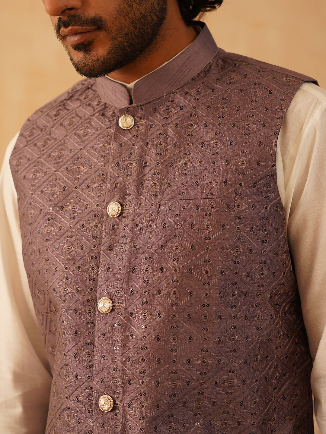 Embroidered Nehru Jacket With Solid Kurta Pyjama Set ( JOKPWC 592W 4105Purple )