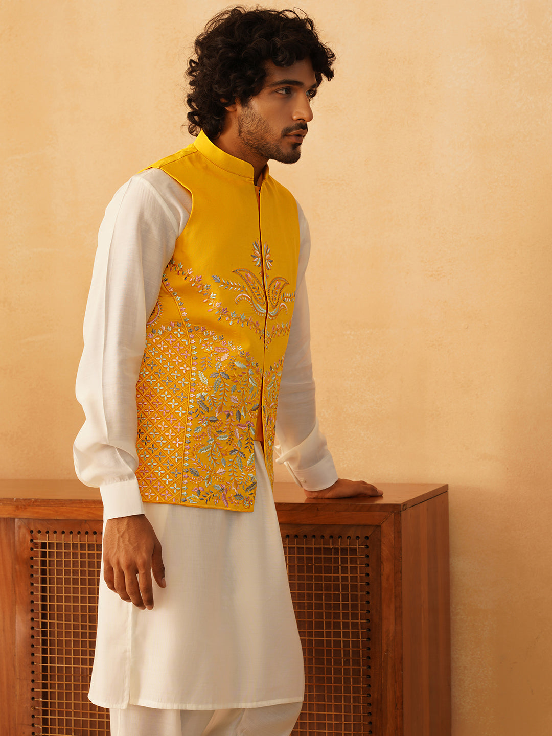 Embroidered Nehru Jacket With Solid Kurta Pyjama Set