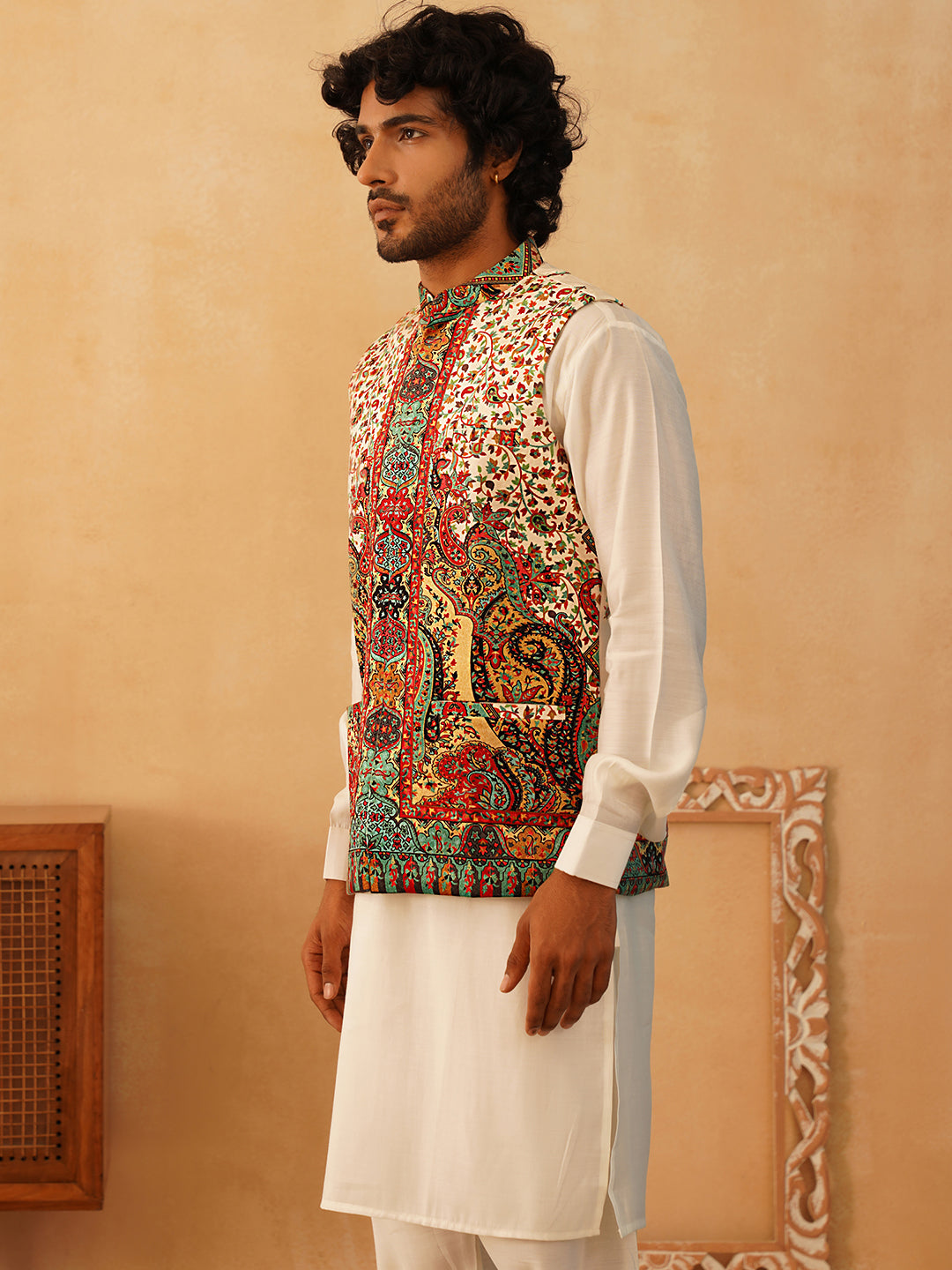 Paisley Printed Nehru Jacket With Solid Kurta Pyjama Set