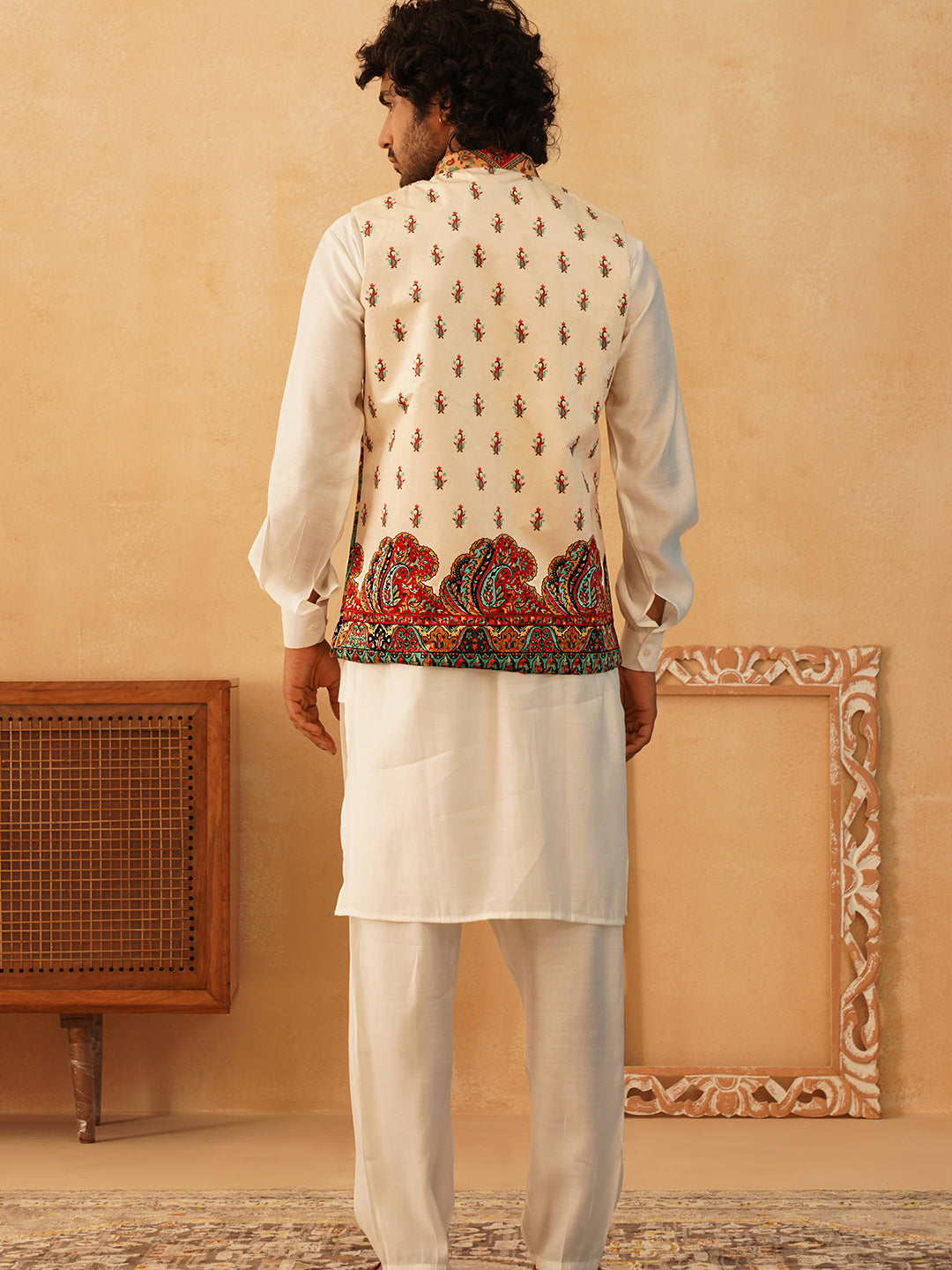Paisley Printed Nehru Jacket With Solid Kurta Pyjama Set