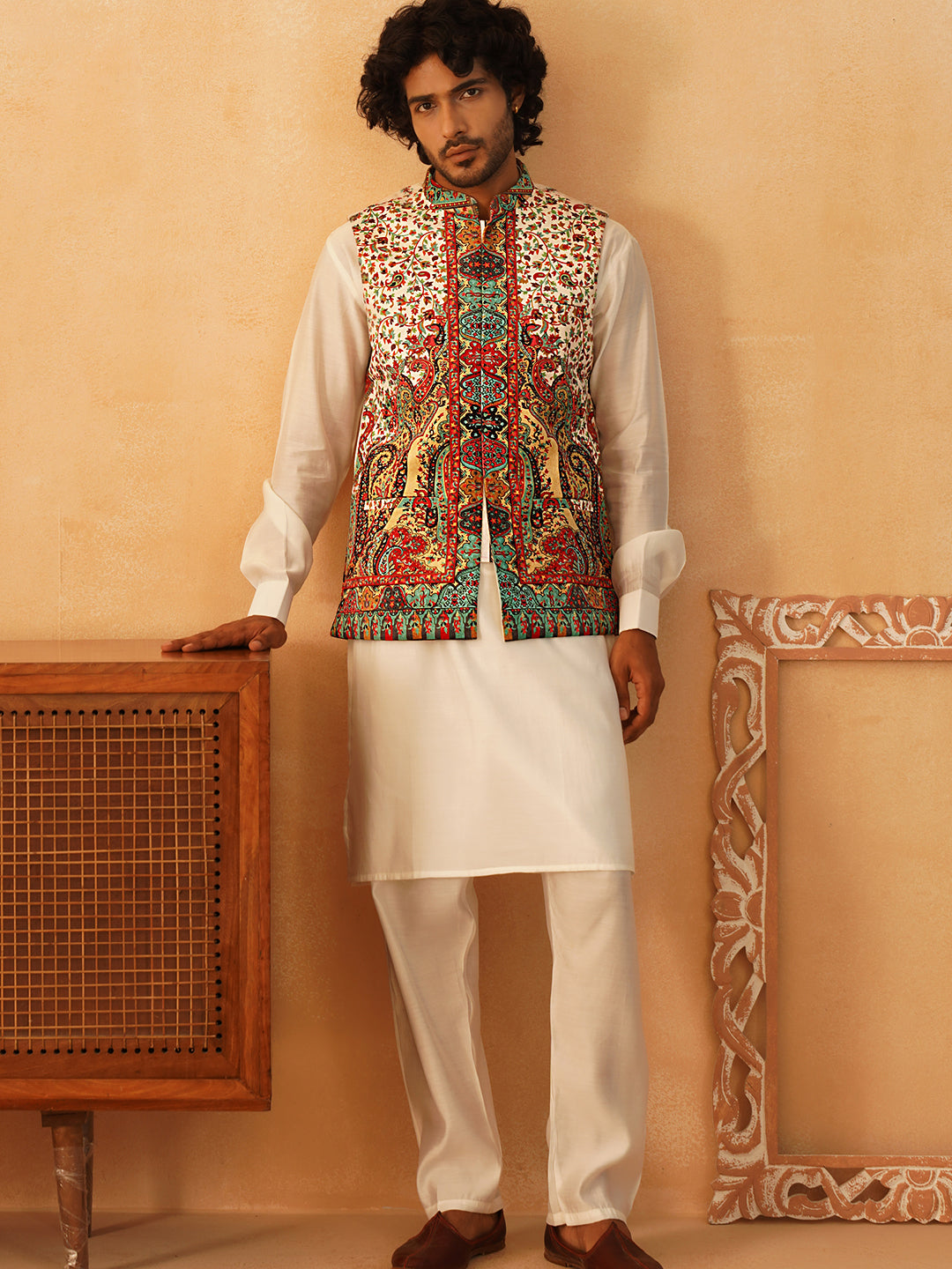 Paisley Printed Nehru Jacket With Solid Kurta Pyjama Set