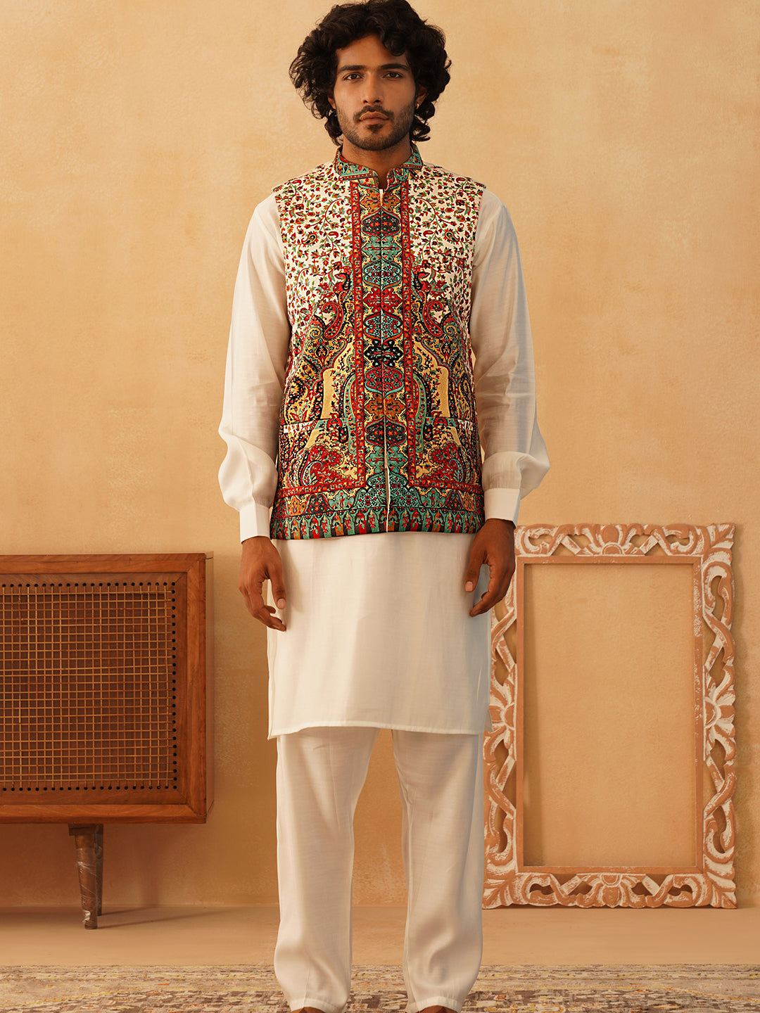 Paisley Printed Nehru Jacket With Solid Kurta Pyjama Set