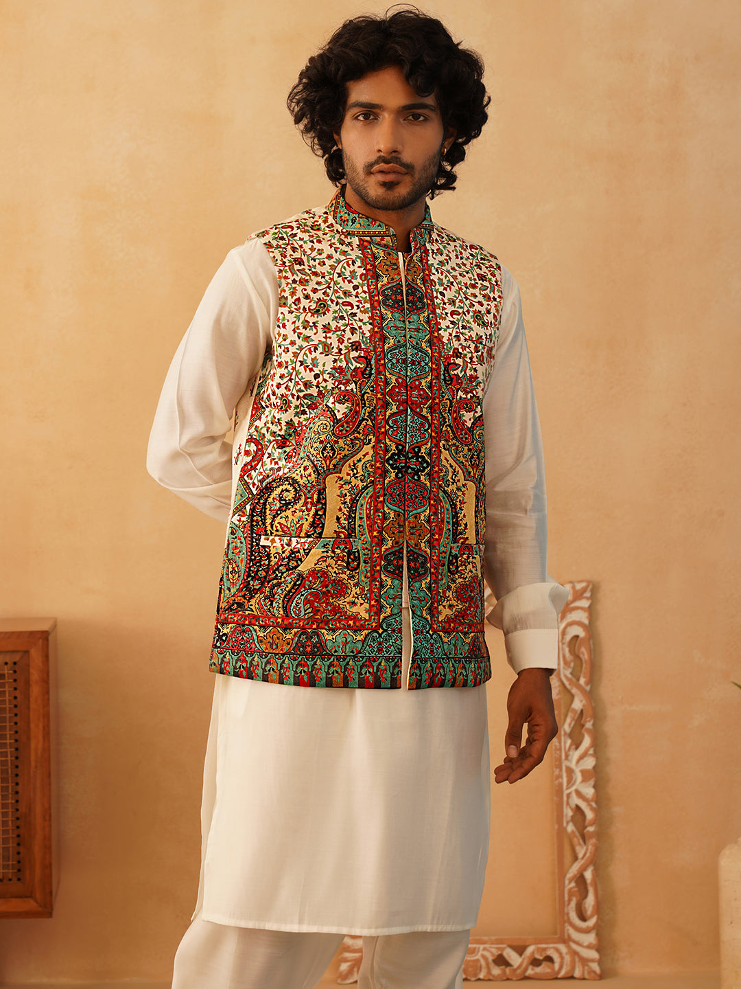 Paisley Printed Nehru Jacket With Solid Kurta Pyjama Set