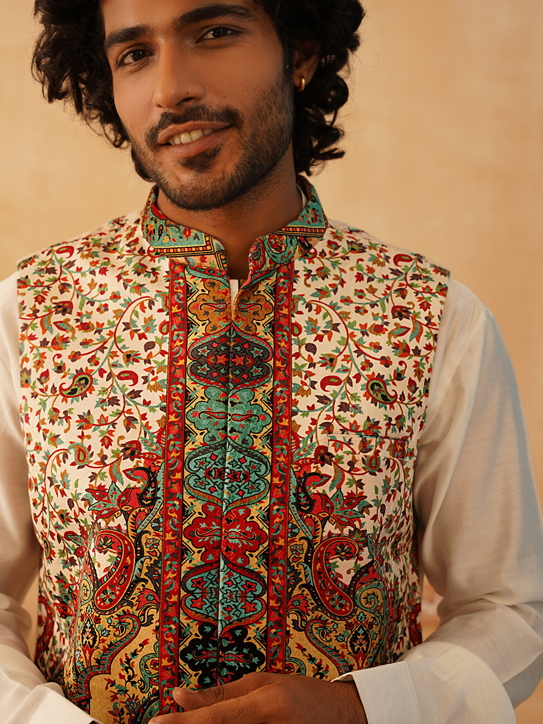 Paisley Printed Nehru Jacket With Solid Kurta Pyjama Set