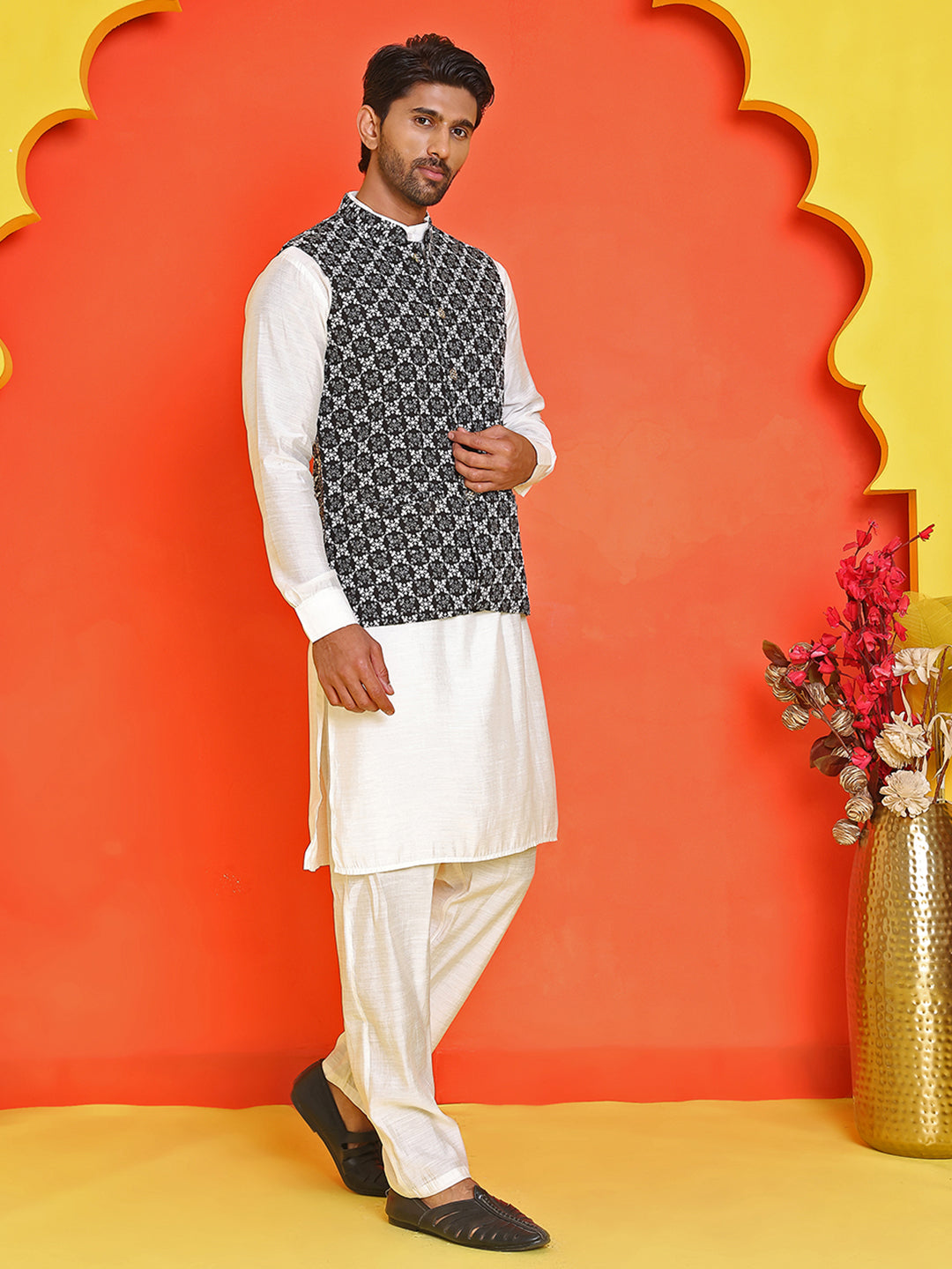 Embroidered Nehru Jacket With Solid Kurta Pyjama Set ( JOKPWC 592W 4110 Black )