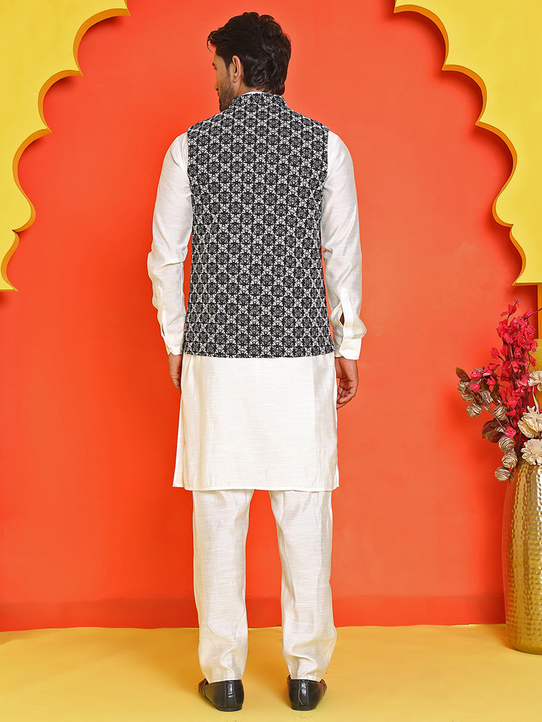 Embroidered Nehru Jacket With Solid Kurta Pyjama Set ( JOKPWC 592W 4110 Black )