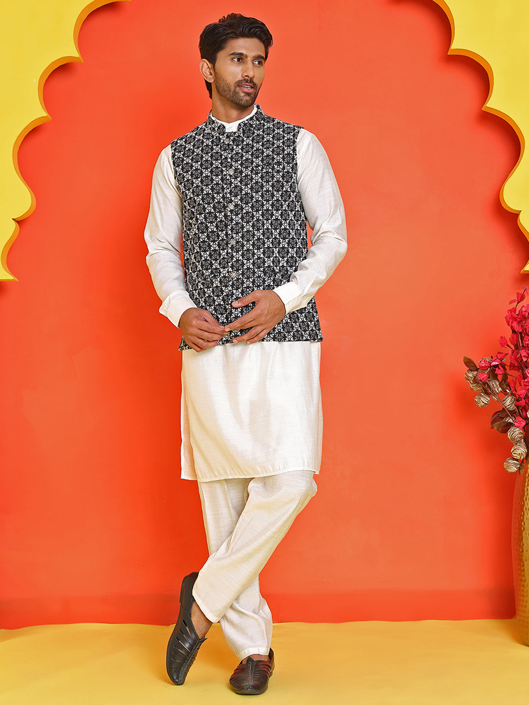 Embroidered Nehru Jacket With Solid Kurta Pyjama Set ( JOKPWC 592W 4110 Black )