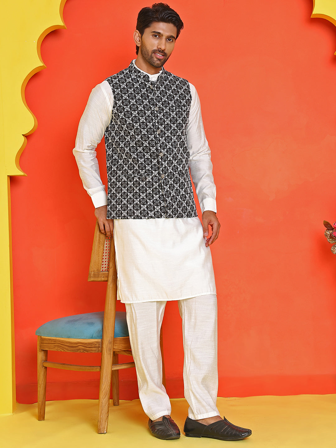 Embroidered Nehru Jacket With Solid Kurta Pyjama Set ( JOKPWC 592W 4110 Black )