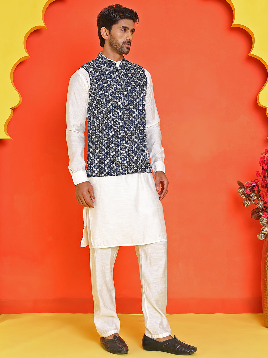 Embroidered Nehru Jacket With Solid Kurta Pyjama Set ( JOKPWC 592W 4110 Peacock )