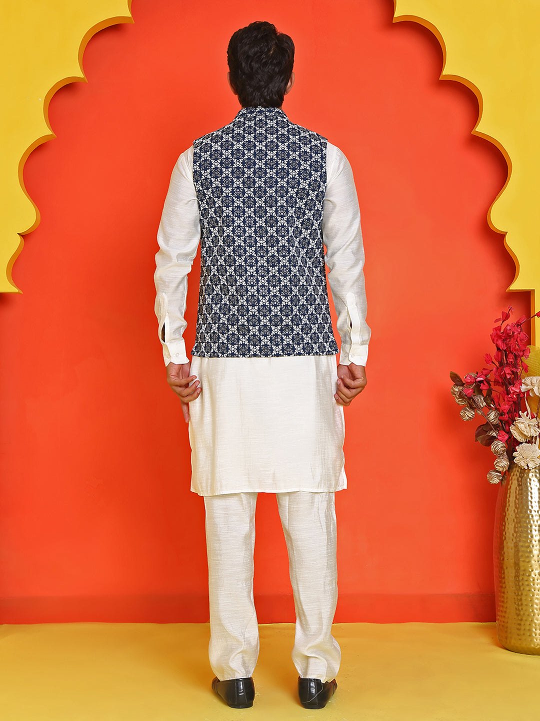 Embroidered Nehru Jacket With Solid Kurta Pyjama Set ( JOKPWC 592W 4110 Peacock )
