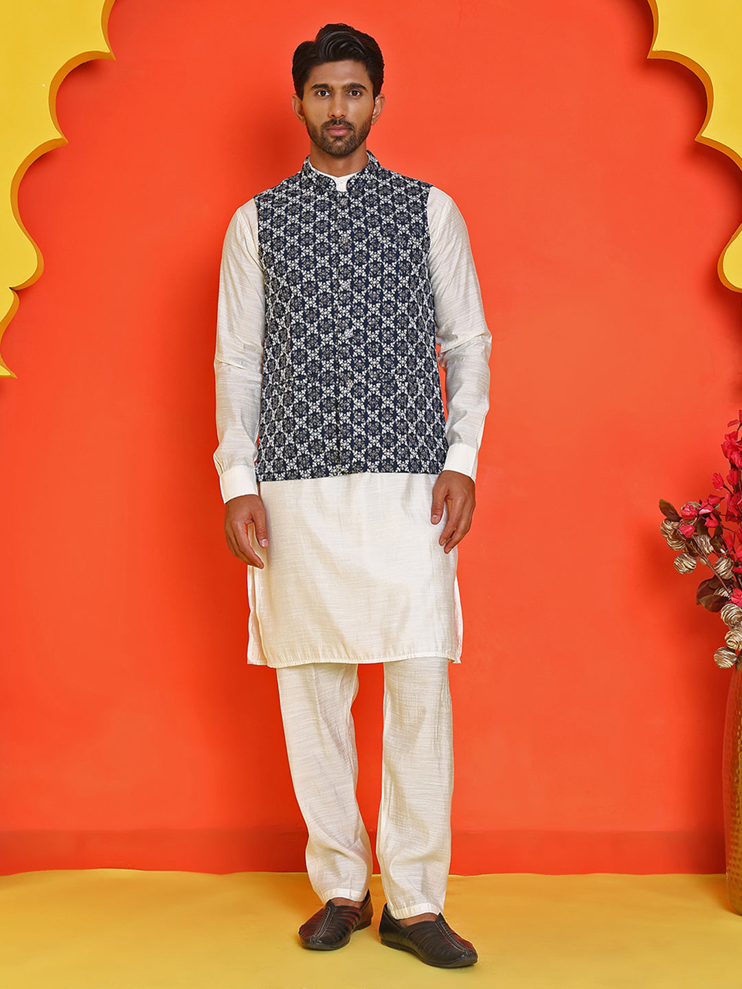 Embroidered Nehru Jacket With Solid Kurta Pyjama Set ( JOKPWC 592W 4110 Peacock )