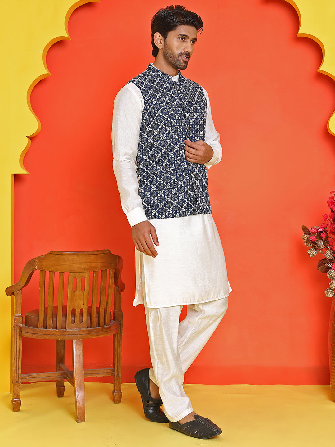 Embroidered Nehru Jacket With Solid Kurta Pyjama Set ( JOKPWC 592W 4110 Peacock )
