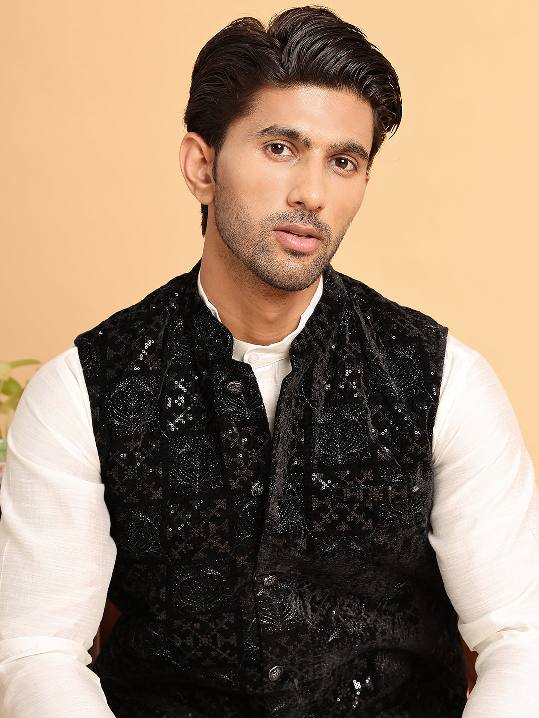 Men's Velvet Nehru Jacket With Solid Kurta Pyjama ( JOKPWC 592W 4118Black )