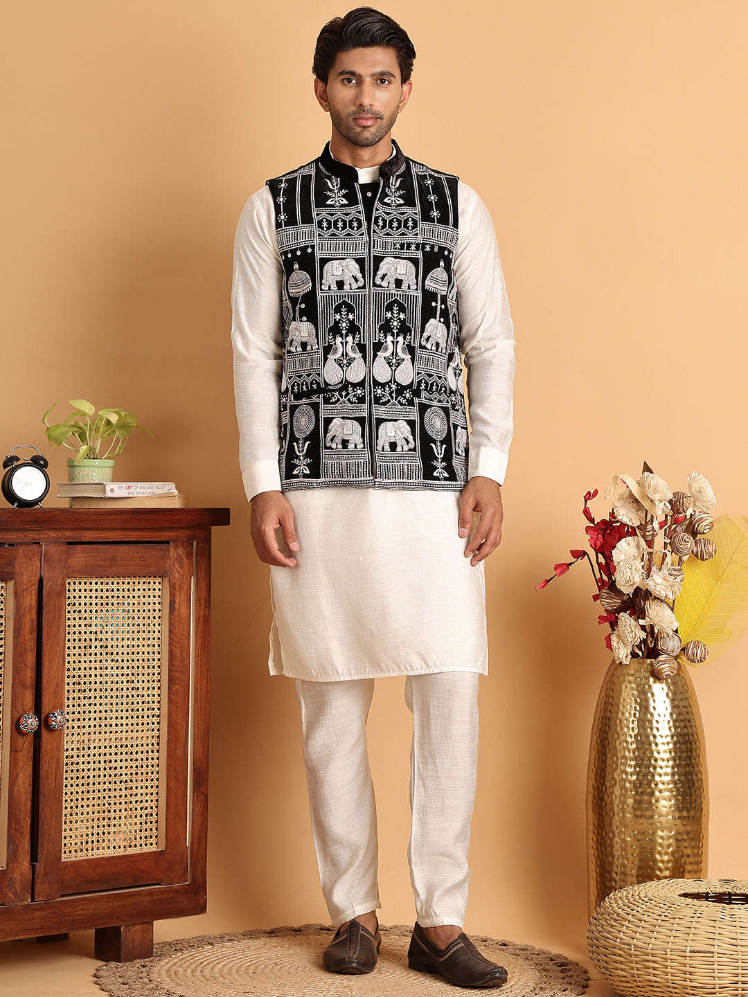 Men's Embroidered & Velvet Nehru Jacket With Solid Kurta Pyjama ( JOKPWC 592W 4119Black )