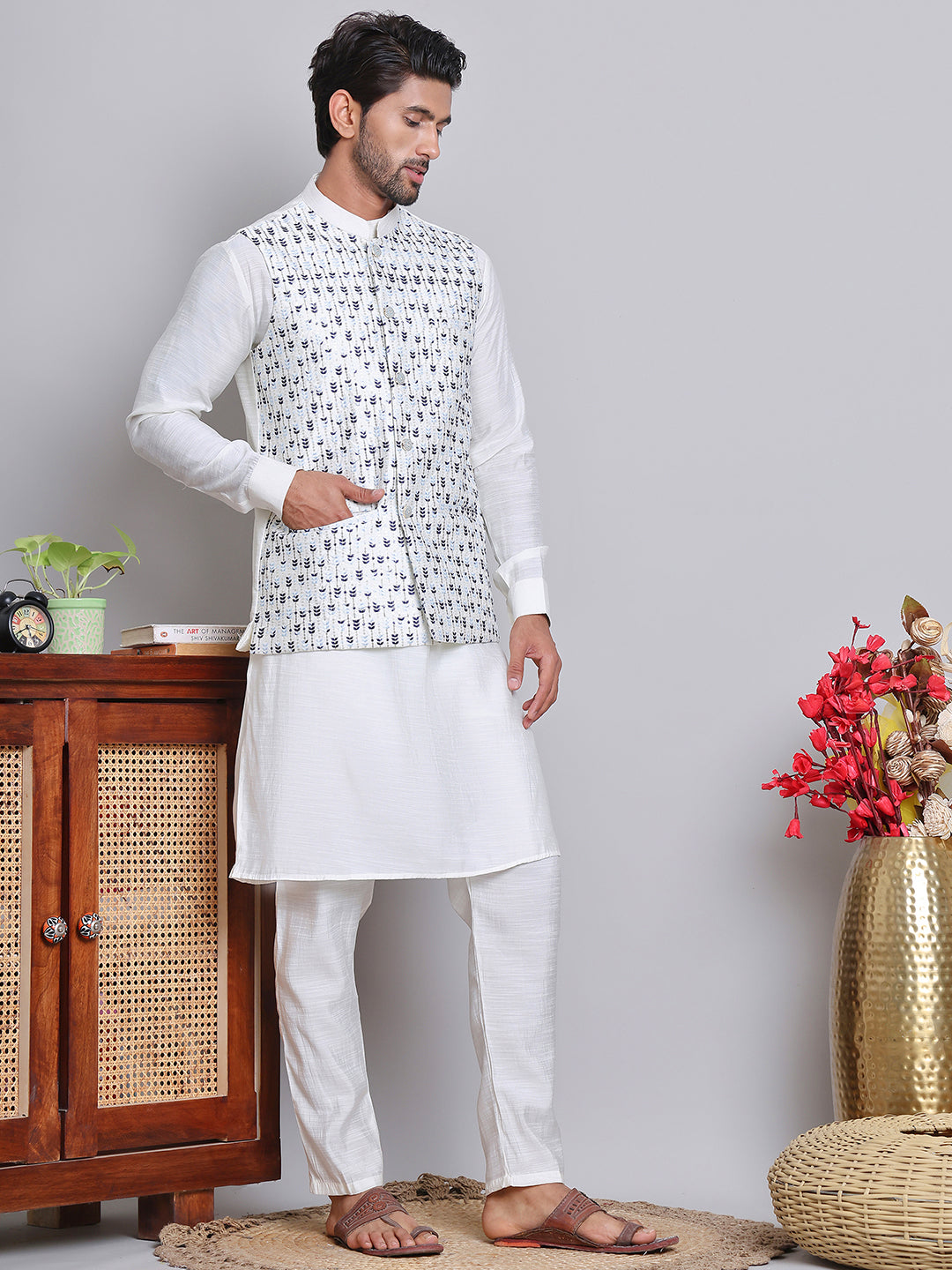 Embroidered Nehru Jacket With Solid Kurta Pyjama ( JOKPWC 592W 4121Blue )