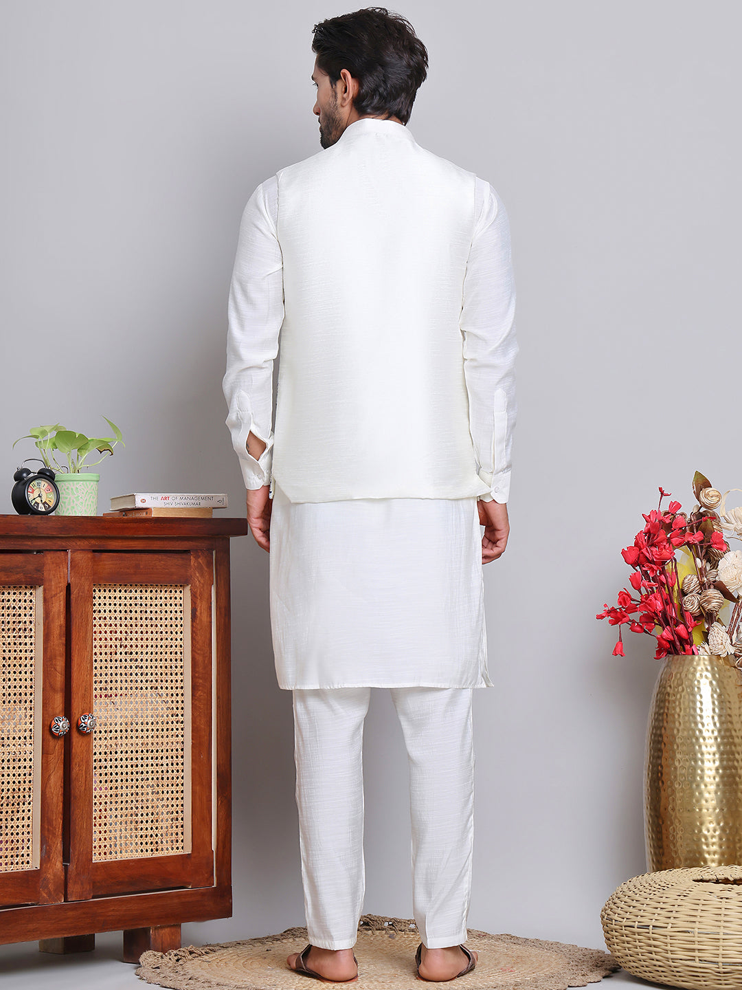 Embroidered Nehru Jacket With Solid Kurta Pyjama ( JOKPWC 592W 4121Blue )