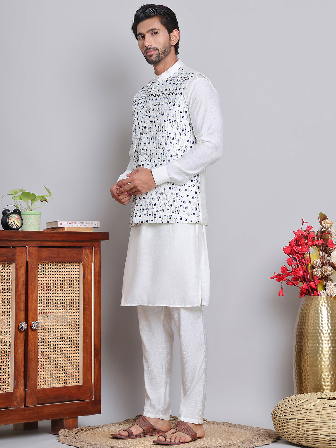 Embroidered Nehru Jacket With Solid Kurta Pyjama ( JOKPWC 592W 4121Blue )