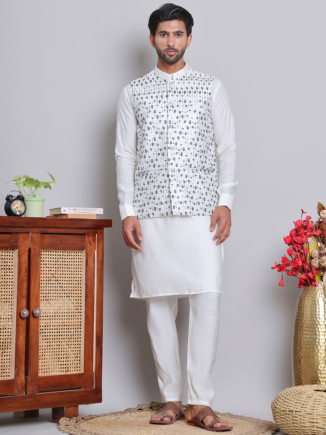 Embroidered Nehru Jacket With Solid Kurta Pyjama ( JOKPWC 592W 4121Blue )