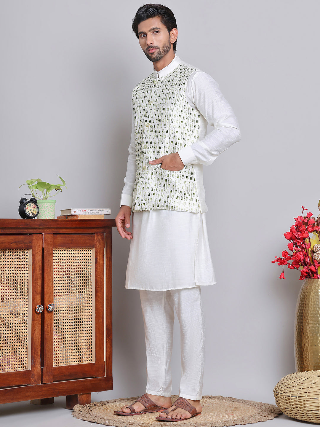 Embroidered Nehru Jacket With Solid Kurta Pyjama ( JOKPWC 592W 4121Green )