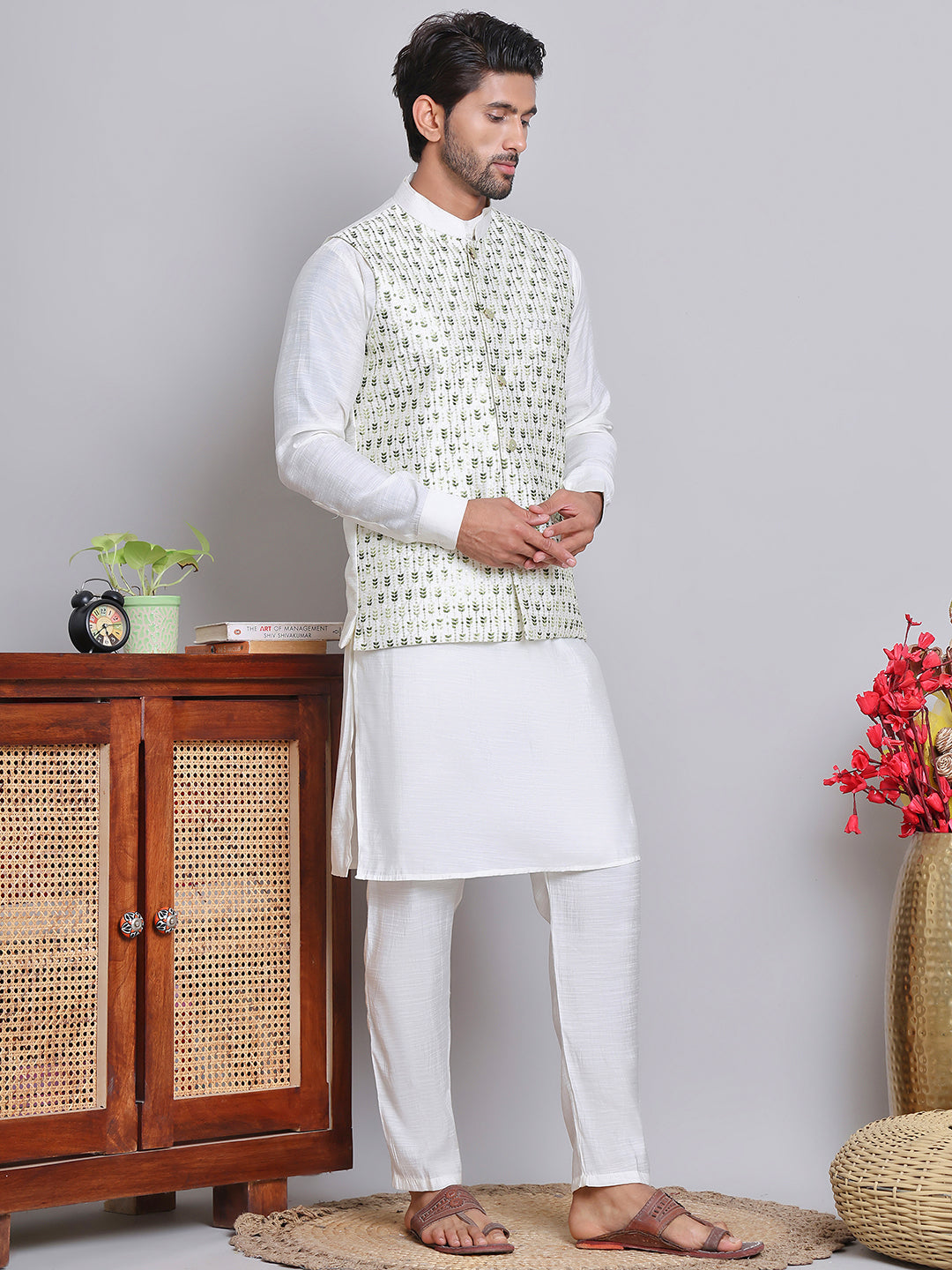 Embroidered Nehru Jacket With Solid Kurta Pyjama ( JOKPWC 592W 4121Green )