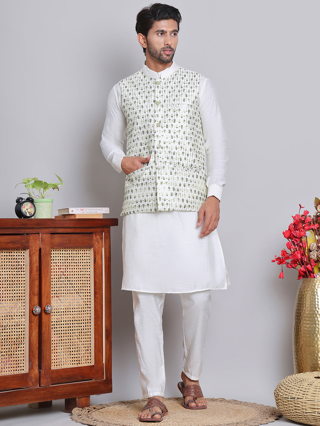Embroidered Nehru Jacket With Solid Kurta Pyjama ( JOKPWC 592W 4121Green )