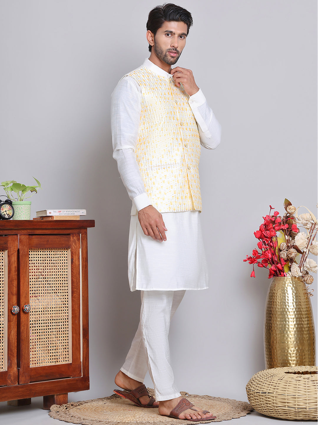 Embroidered Nehru Jacket With Solid Kurta Pyjama ( JOKPWC 592W 4121Yellow )