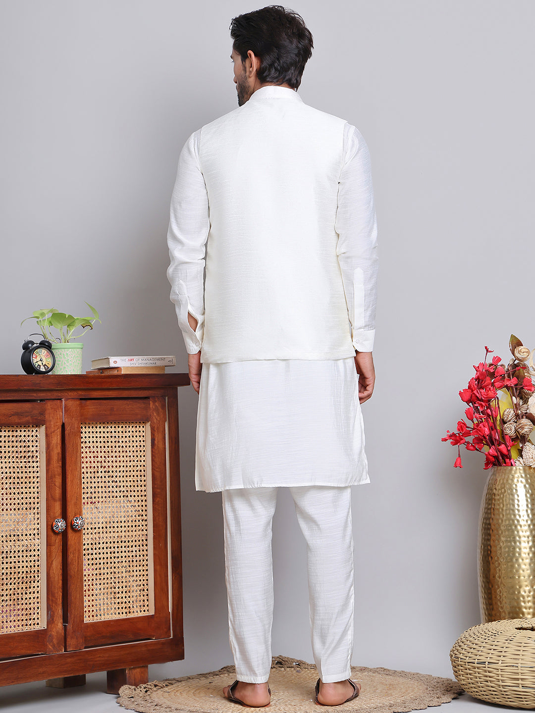 Embroidered Nehru Jacket With Solid Kurta Pyjama ( JOKPWC 592W 4121Yellow )