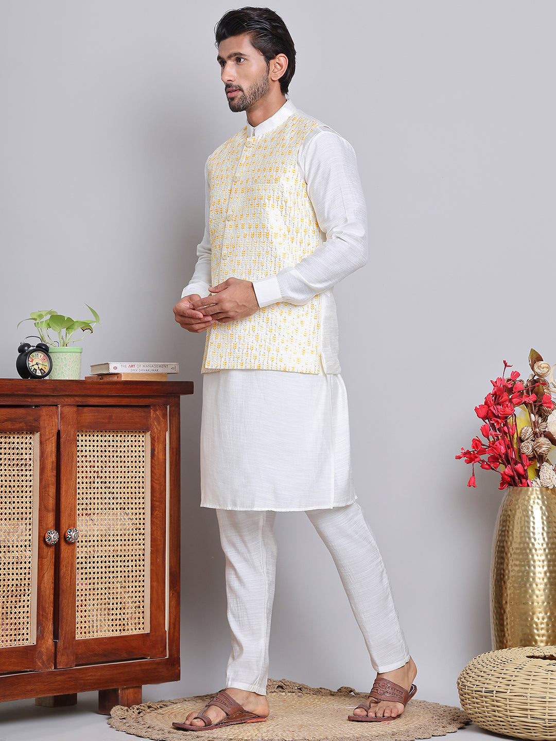 Embroidered Nehru Jacket With Solid Kurta Pyjama ( JOKPWC 592W 4121Yellow )