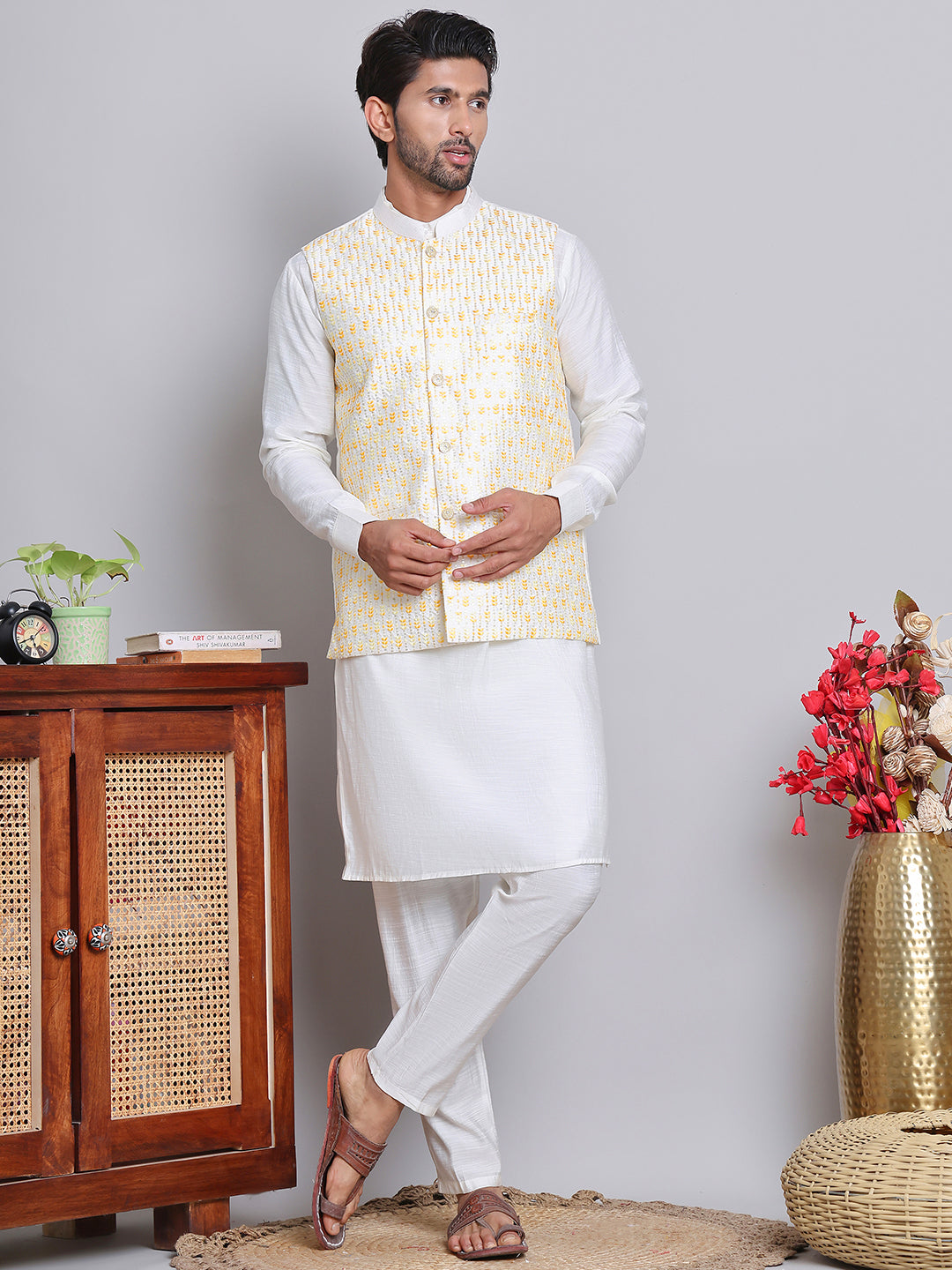 Embroidered Nehru Jacket With Solid Kurta Pyjama ( JOKPWC 592W 4121Yellow )