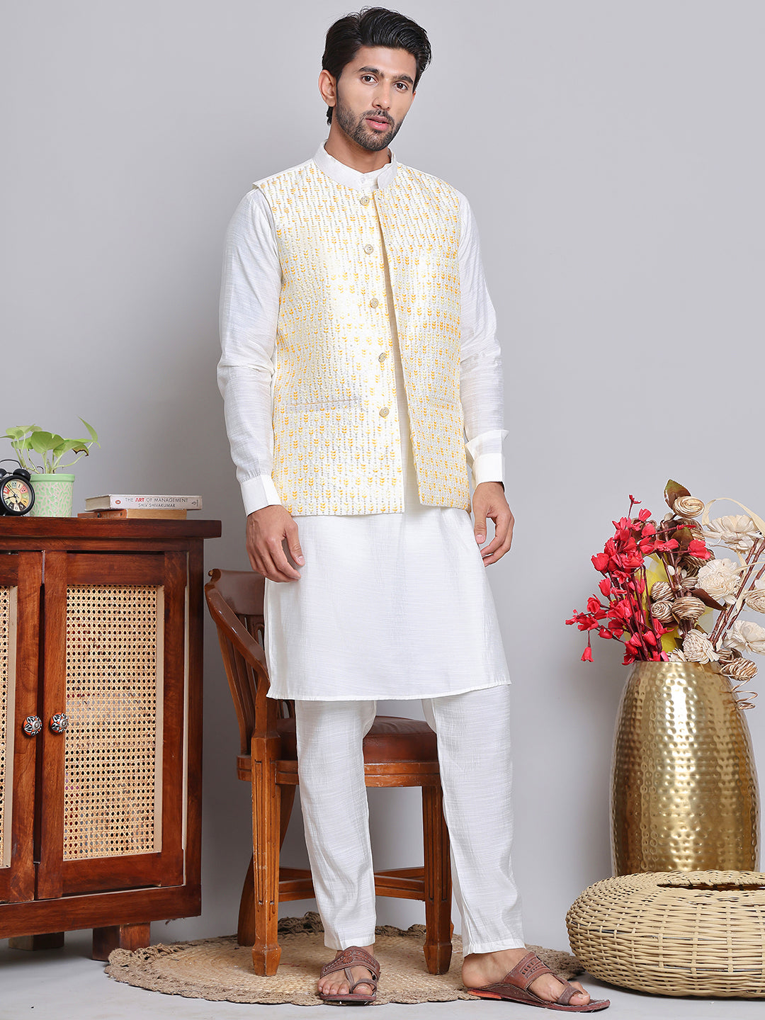 Embroidered Nehru Jacket With Solid Kurta Pyjama ( JOKPWC 592W 4121Yellow )