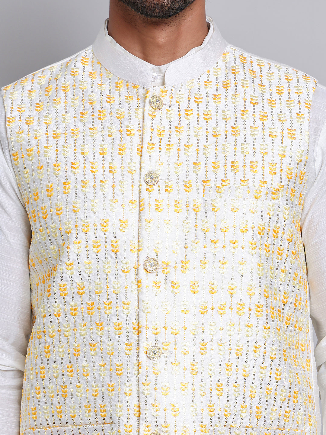 Embroidered Nehru Jacket With Solid Kurta Pyjama ( JOKPWC 592W 4121Yellow )
