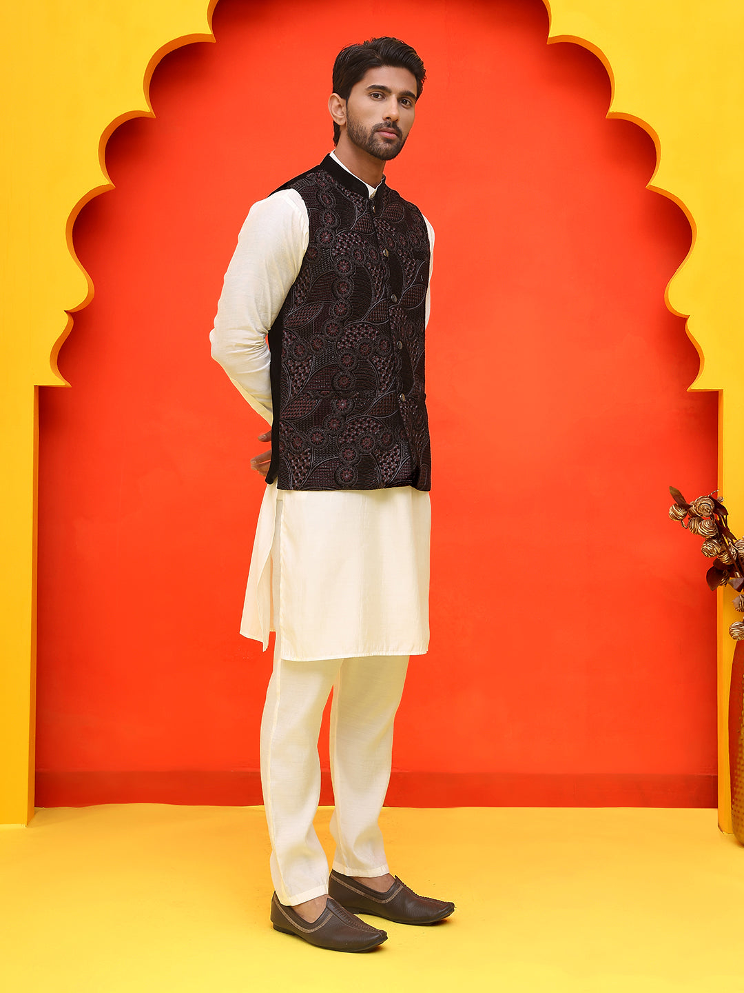 Embroidered Velvet Nehru Jacket With Solid Kurta Pyjama ( JOKPWC 592W 4123 Black )