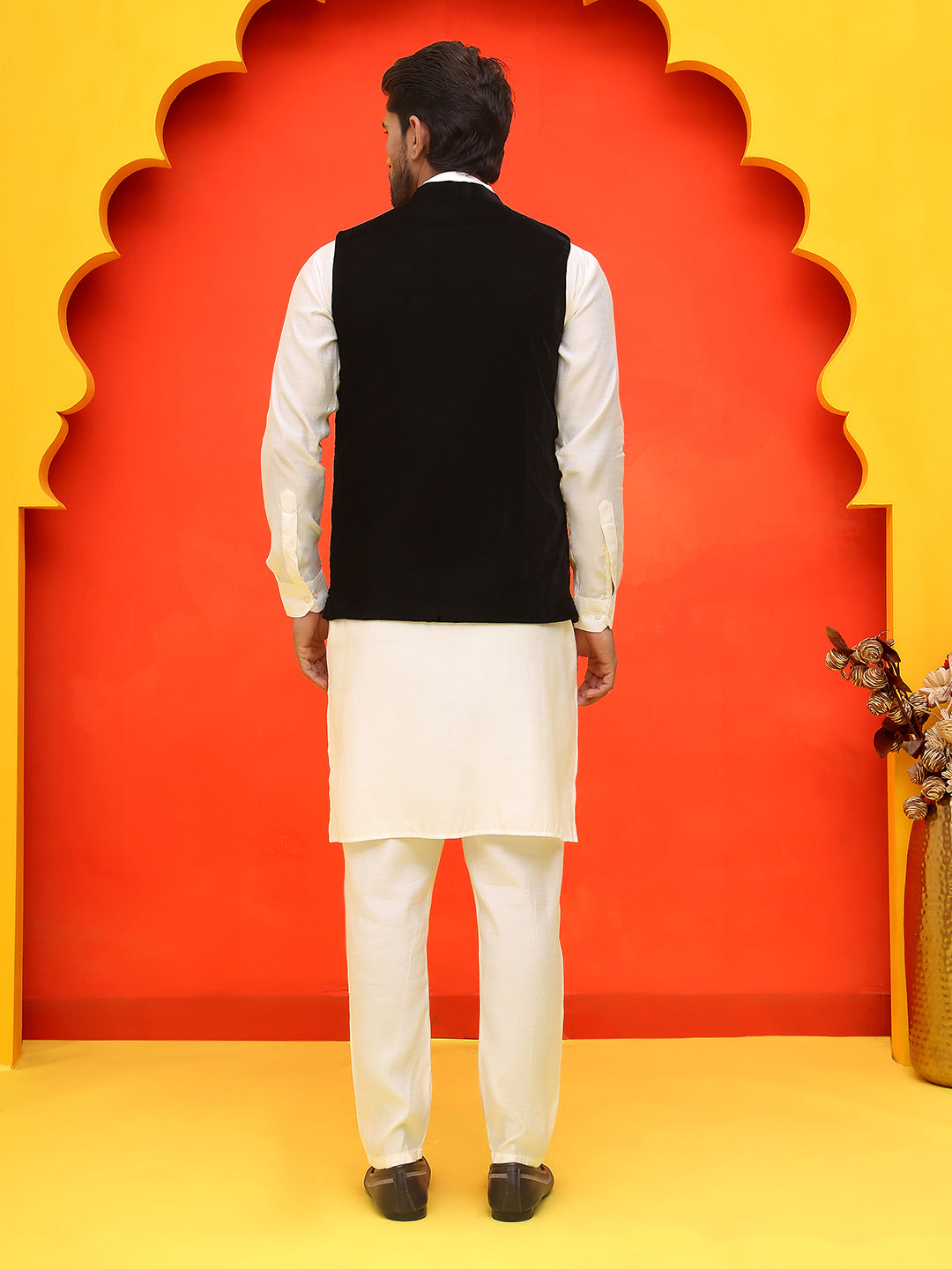 Embroidered Velvet Nehru Jacket With Solid Kurta Pyjama ( JOKPWC 592W 4123 Black )