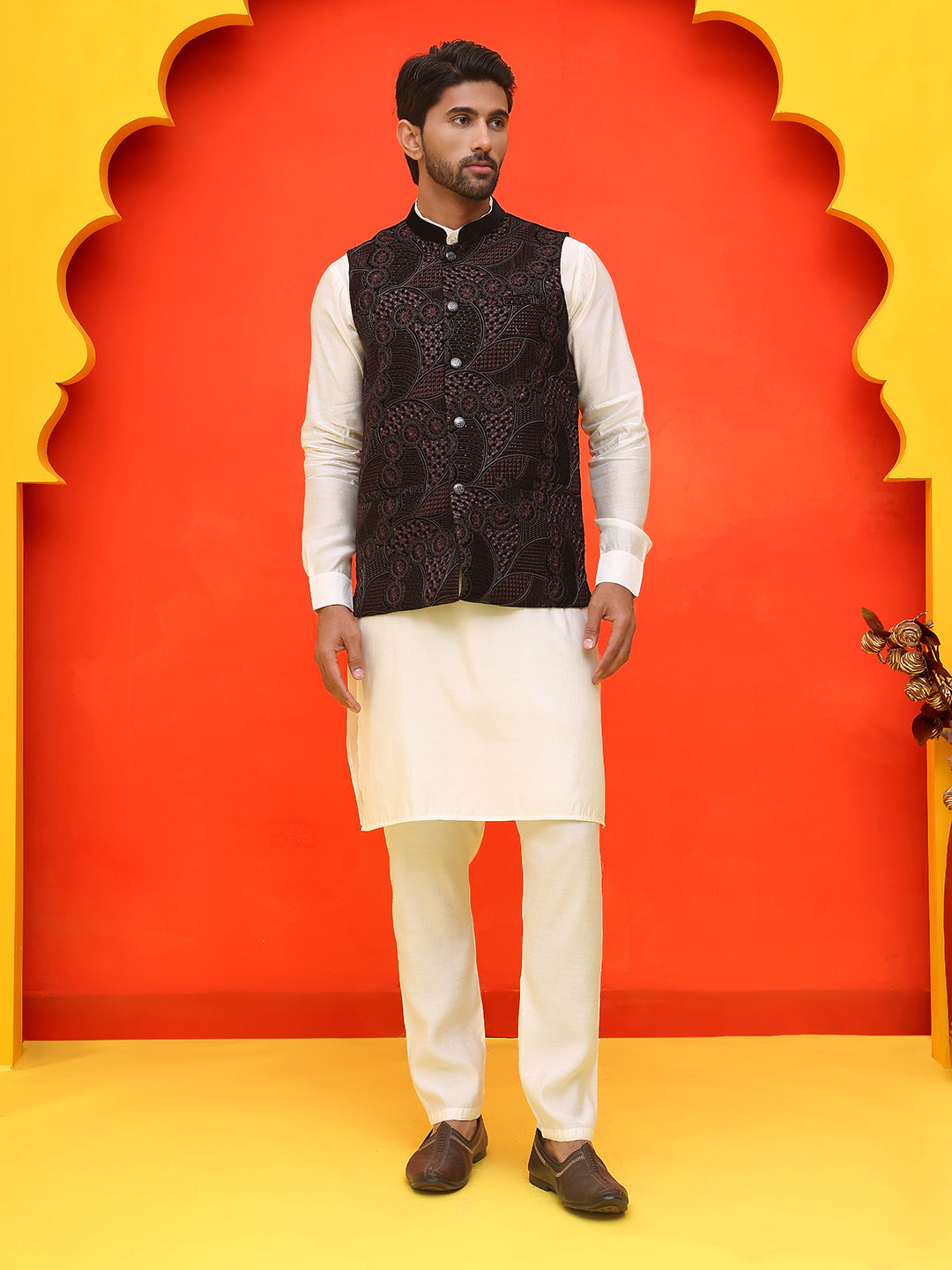 Embroidered Velvet Nehru Jacket With Solid Kurta Pyjama ( JOKPWC 592W 4123 Black )