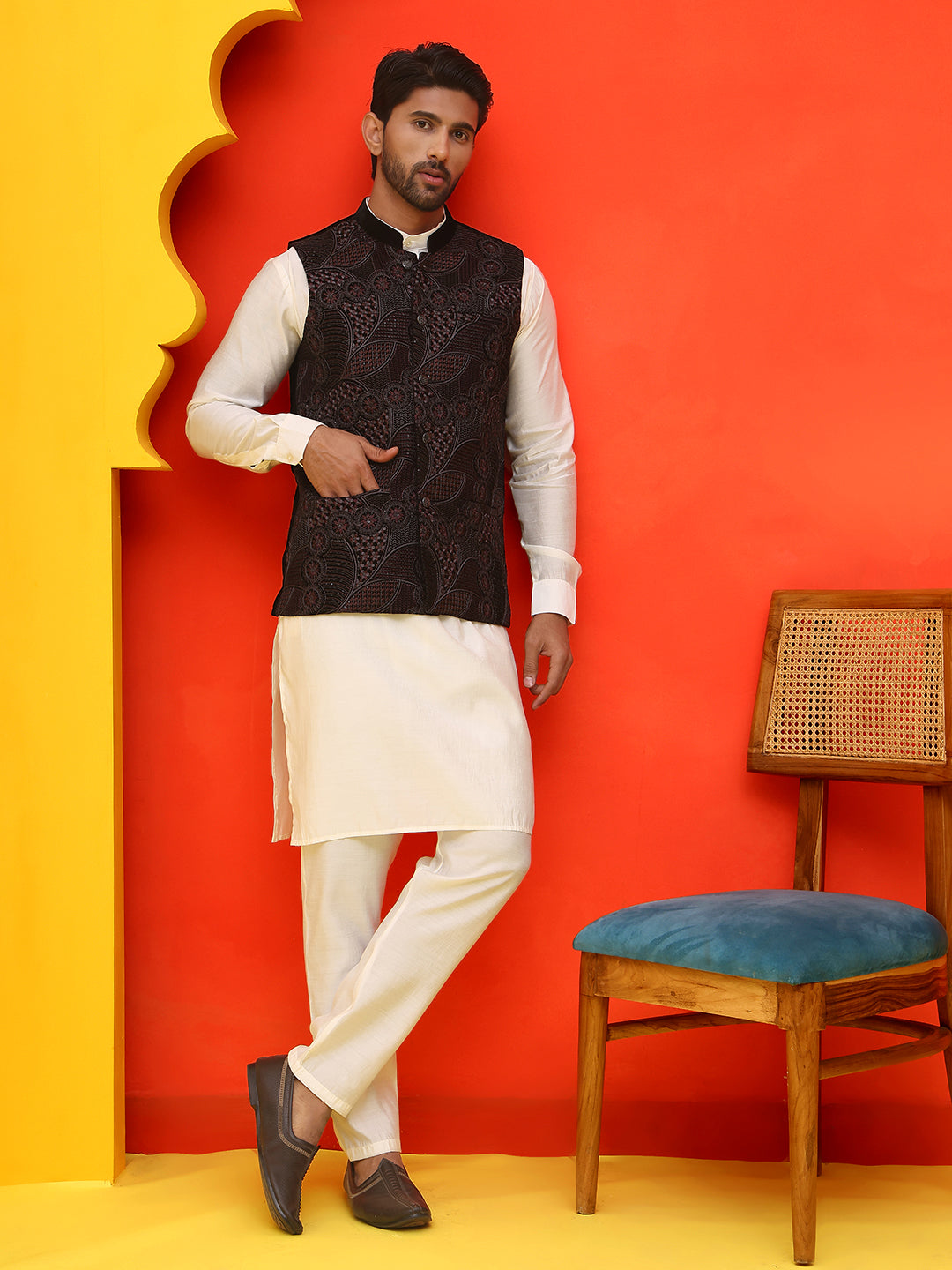 Embroidered Velvet Nehru Jacket With Solid Kurta Pyjama ( JOKPWC 592W 4123 Black )