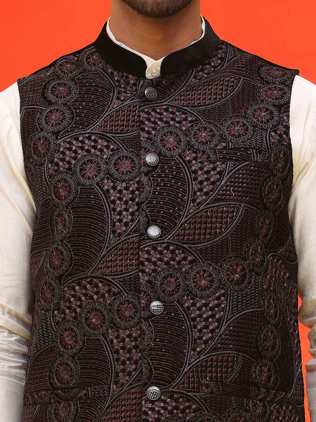 Embroidered Velvet Nehru Jacket With Solid Kurta Pyjama ( JOKPWC 592W 4123 Black )