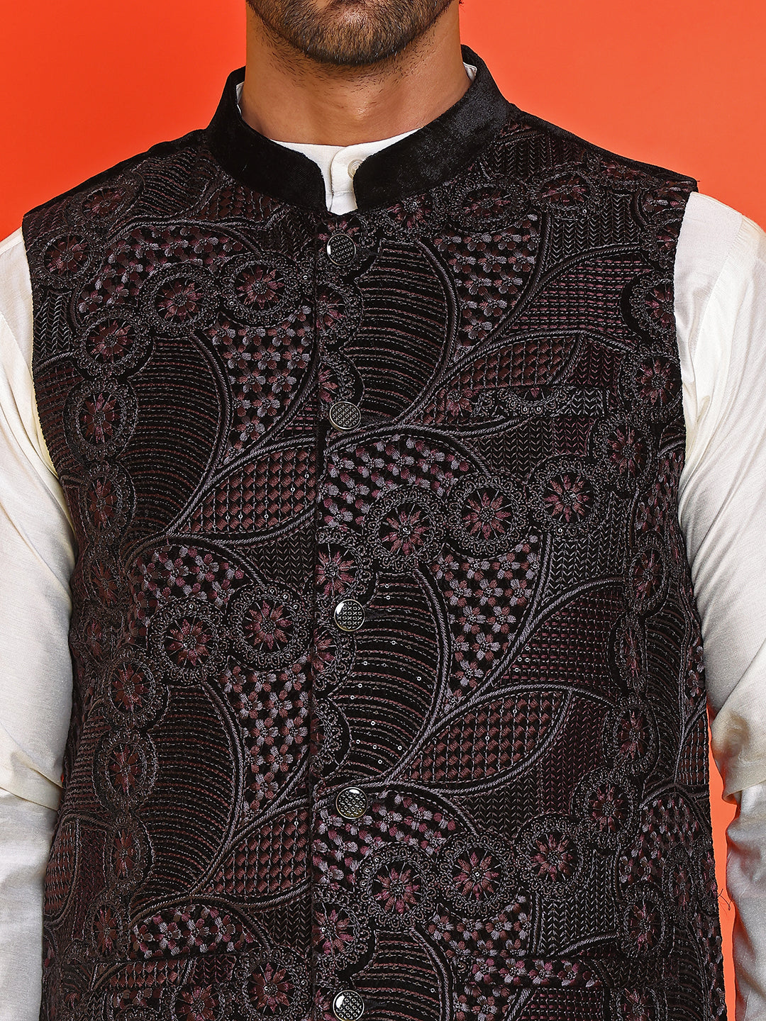Embroidered Velvet Nehru Jacket With Solid Kurta Pyjama ( JOKPWC 592W 4123 Black )