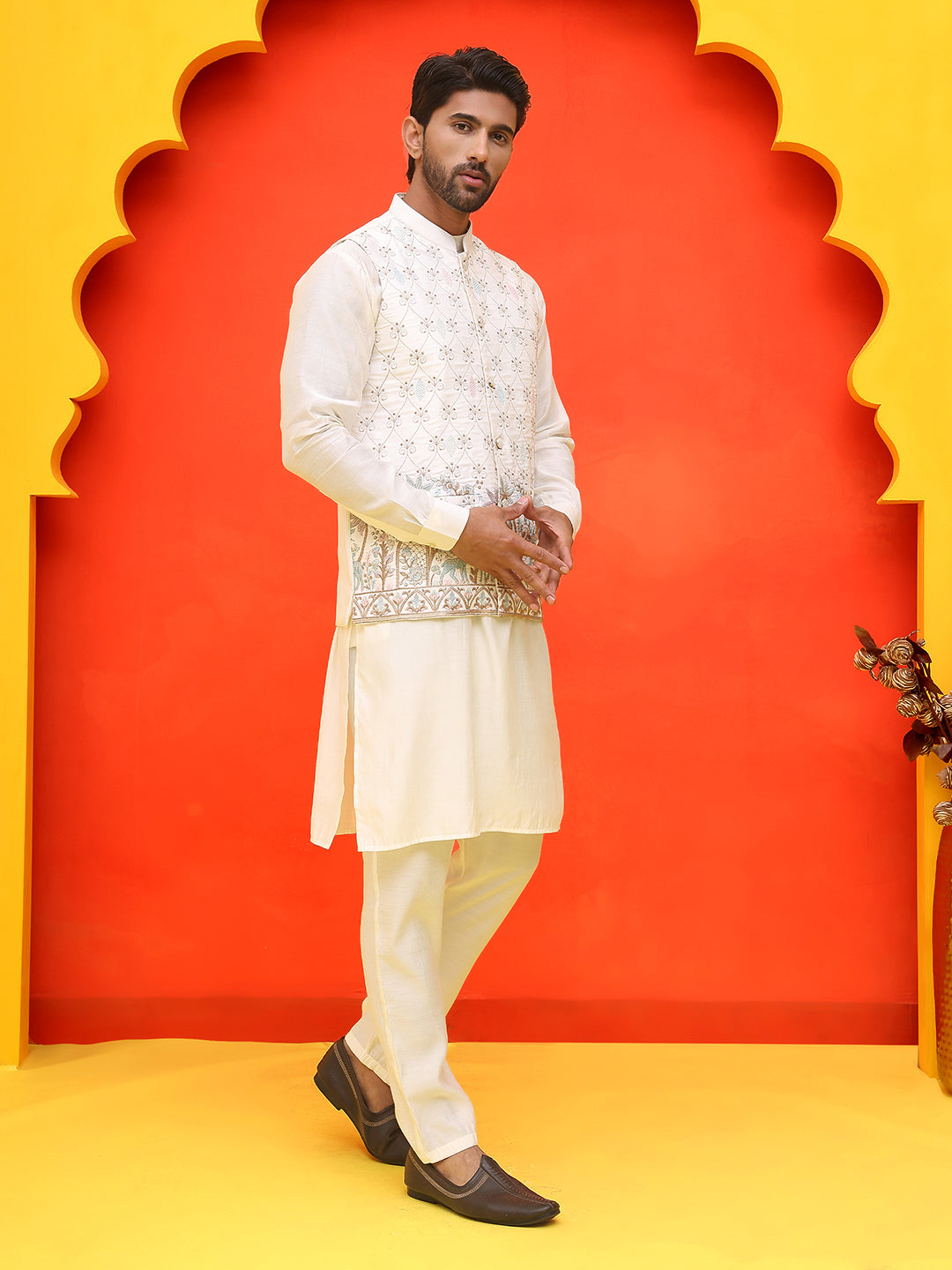 Embroidered Nehru Jacket With Solid Kurta Pyjama ( JOKPWC 592W 4124 White )
