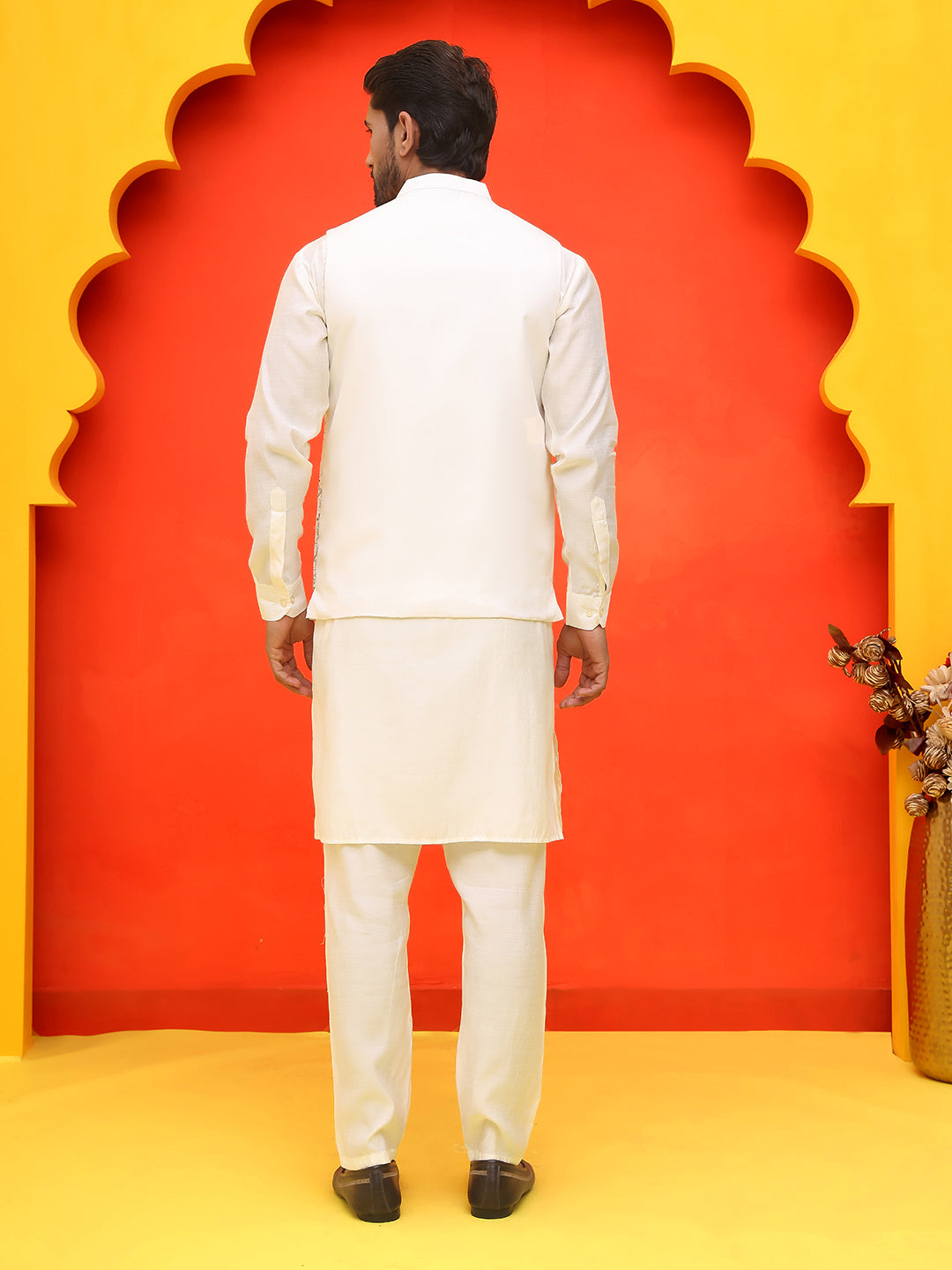 Embroidered Nehru Jacket With Solid Kurta Pyjama ( JOKPWC 592W 4124 White )