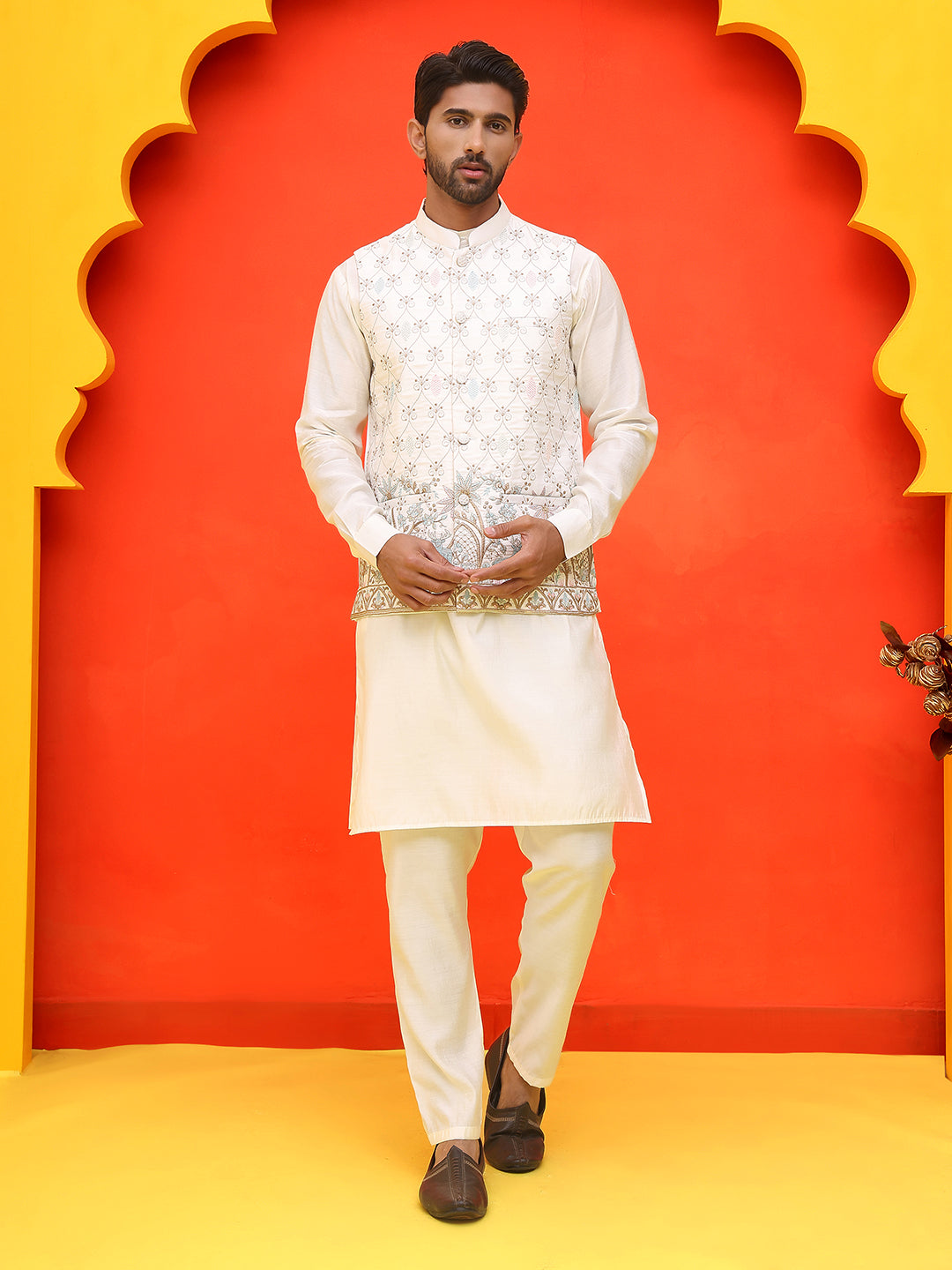 Embroidered Nehru Jacket With Solid Kurta Pyjama ( JOKPWC 592W 4124 White )
